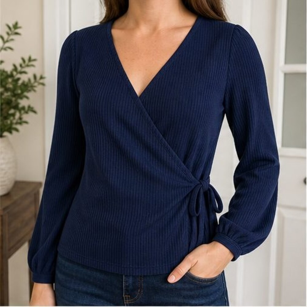 Navy Wrap Blouse - Picture 2 of 6